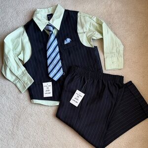 NEW Nautica 4 piece Navy Blue Pinstripe Vest Pants Green Shirt Tie Boys Size 4T